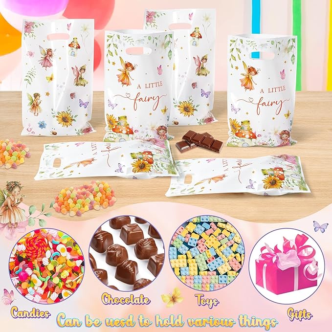 Fairy Party Favor Bags - 50Pcs A Little Fairy Goody Candy Treat Gifts Bags, Watercolor Floral Girls Themed Party Decorations for Kids Baby Girls Birthday Baby Shower Garden Events Supplies