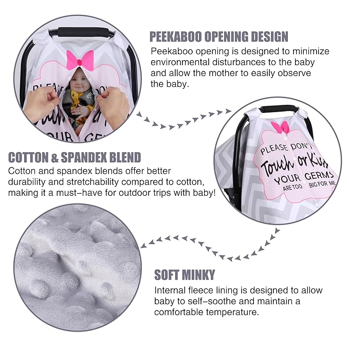 Metplus 2 in 1 Baby Car Seat Cover, Car Seat Canopy for Babies, Mom Nursing Cover, Minky Baby Carrier Covers, Newborn Boy Girl Shower Gift, Peekaboo Opening & No Touch Sign, Grey Stripes