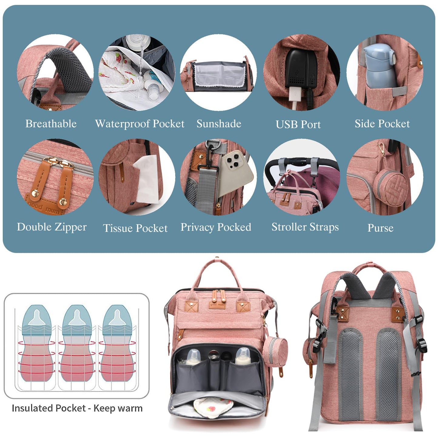 Jeryswet Baby Diaper Bags with Changing Station, Waterproof Large Capacity Diaper Bag Backpack for Moms Dads with USB Charging Port and Stroller Straps, Baby Shower Gifts, Pink-Grey