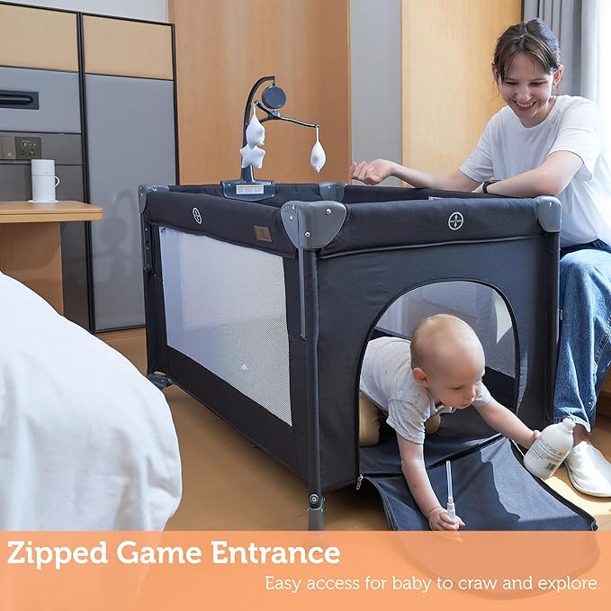 5 in 1 Baby Bedside Sleeper,Baby Pack and Play with Bassinet & Mattress,Portable Bedside Crib with Storage, Playard with Bassinet from Newborn to Toddlers(Dark Grey) (Light Gray)