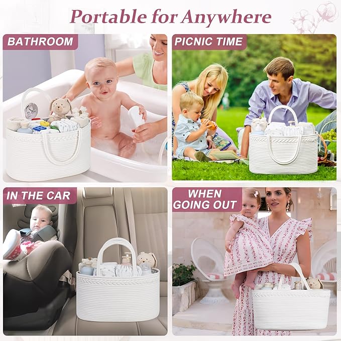 Baby Diaper Caddy Organizer, Cotton Rope Diaper Basket, Baby Basket for Changing Table, Nursery, Car, Changing Table Storage Bin With Removable Divider, Baby Shower Gifts for Newborn, Baby Essentials