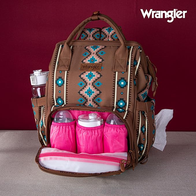 Wrangler Diaper Bag Backpack Aztec Travel Backpack Purses Western Multi-Function Baby Bags for Mom with Waterproof Insulated Pockets