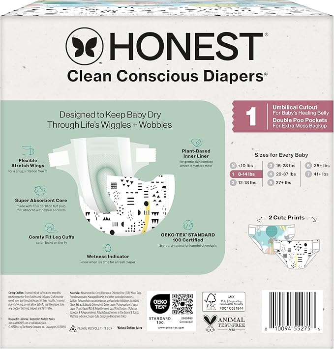 The Honest Company Clean Conscious Diapers for Delicate Skin | Up to 100% Leakproof | Hypoallergenic, Fragrance Free | Gender Neutral | Club Box, Size 1 (8-14 lbs), 78 Count (Prints May Vary)