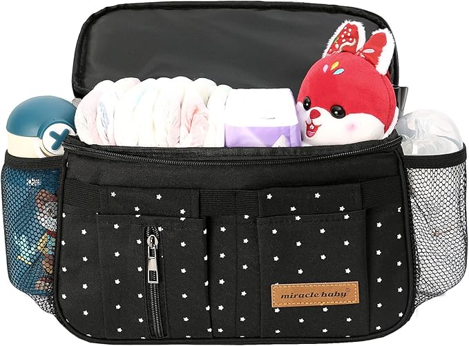 Miracle Baby Stroller Organizer Bag for Mom,Universal Stroller Storage Caddy Diaper Bag- Compatible with Most Stroller - Multifunctional Larg(Black Star)