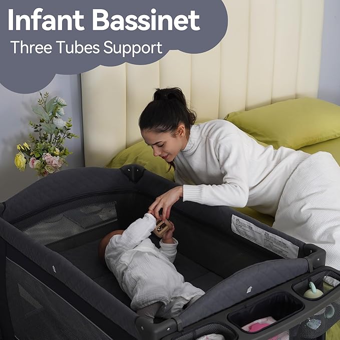 Pamo Babe Playard Portable Playard Foldable Playpen for Baby and Toddler Portable Crib Mattress Diaper Changer for Newborn (Grey)