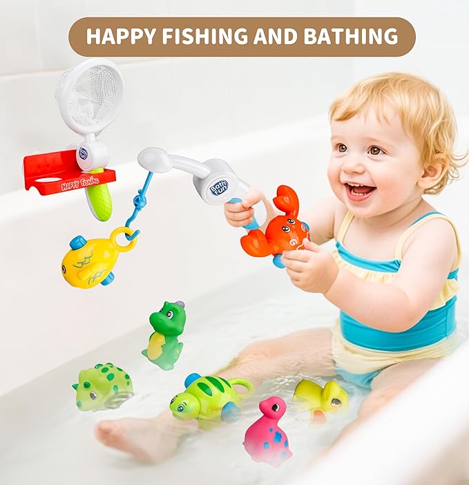Bath Toys Set, Toddlers Bath Toys 1-3, Kid Bathtub Toy with 4pcs Dinosaur Water Spray, Fishing Games with Fish Net, Water Pool Toy , Shower Toy Gift for Boy Girl Infant