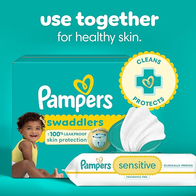 Pampers Baby Wipes Sensitive, Water Based Baby Wipes, Hypoallergenic and Unscented Baby Wipes, 168 Wipes Total (2 Flip-Top Packs)