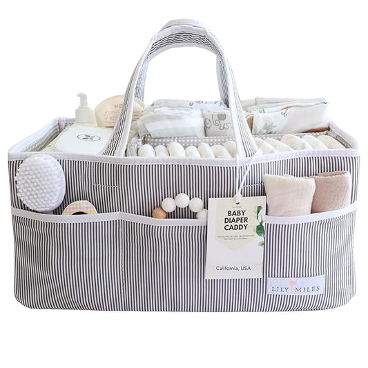 Lily Miles Baby Diaper Caddy Organizer, Baby Shower Basket for Newborn Boys or Girls, Nursery Must Haves for New Mom, Registry Favorites, Large Storage Tote for Changing Table or Car, Gray
