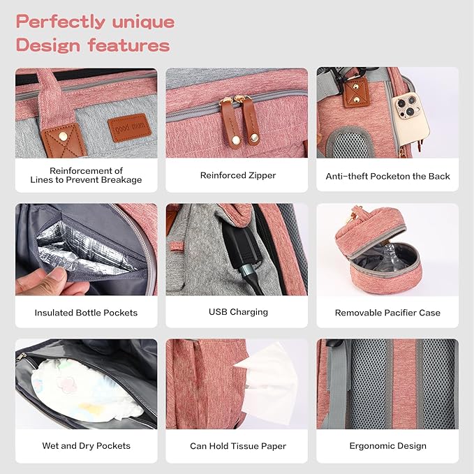 JOYCE Diaper Bag Backpack, with Changing Table Backpack, 900D Oxford Cloth, Large Capacity Diaper Backpack, 3 in 1 Multifunctional Travel Baby Diaper Backpack (pinkish gray)