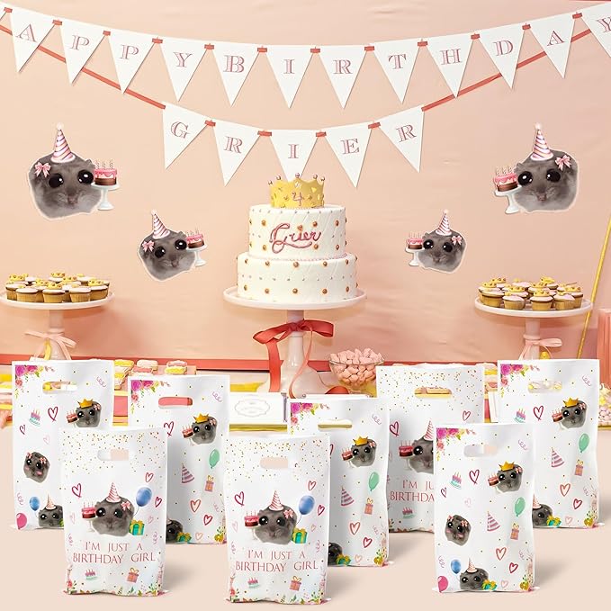 50Pcs Hamster Party Favor Bags, Sad & Cute Hamster Themed Goodies Candy Treat Bags Party Decorations for Girls Birthday Baby Shower Animals Themed Activities Supplies