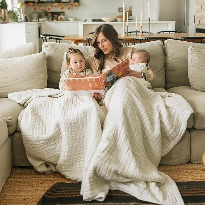 Little Unicorn Premium Quilted Throw | Super Soft, Multi-Layered Muslin XL Blanket| Great for Kids & Families (Tan Gingham)