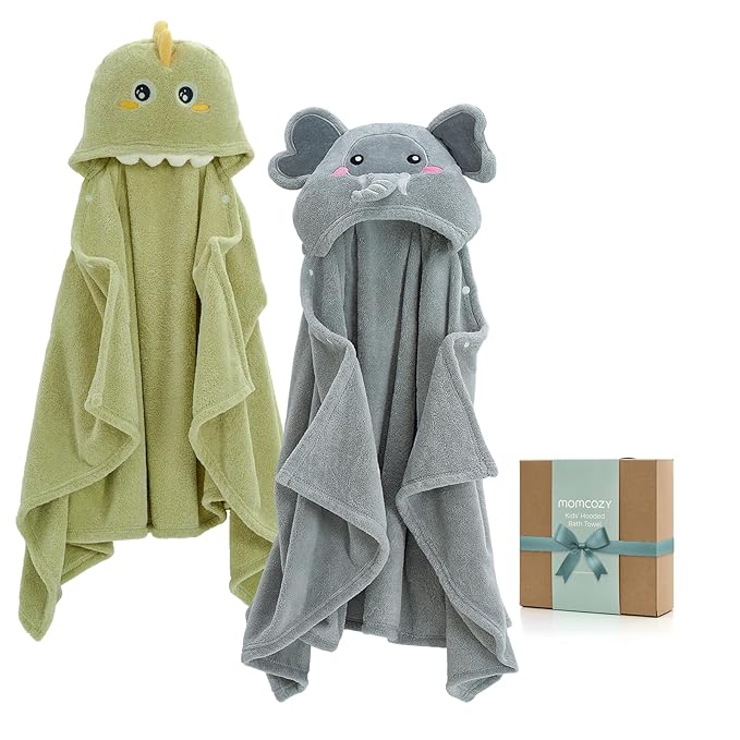 Momcozy Hooded Baby Towels-Visualize Health Label - Soft & Absorbent Coral Fleece Towel for Comfort & Warm - Bath Essential or Shower Gift for Newborn, Toddler and Kids (Large 28 x 55 Inch, 2 Pack)