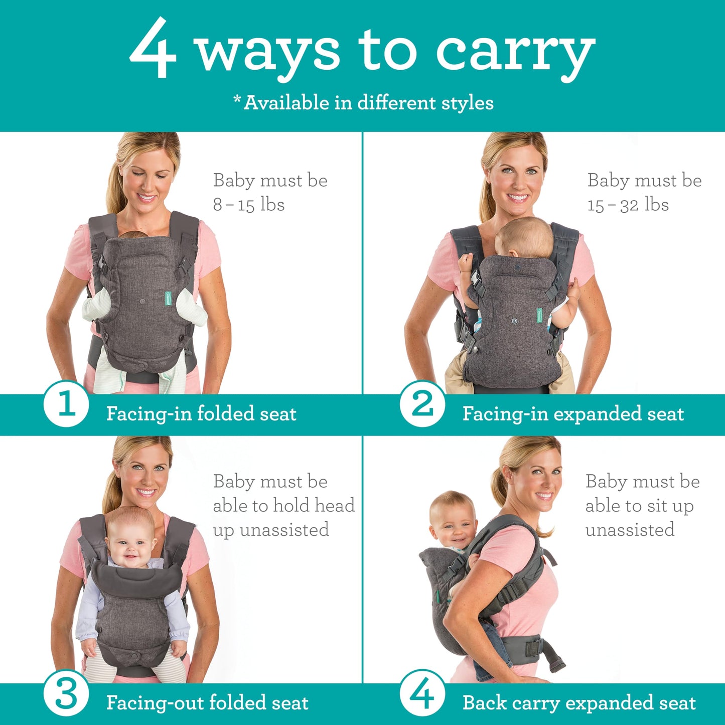 Infantino Flip 4-in-1 Convertible Baby Carrier, Adjustable, Ergonomic Babywearing, Registry Essential, Baby Carrier for Newborn to Toddler, Gray