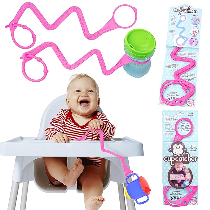 Brilli Baby Cup Catcher Patented Safety Tether Strap, Attach Sippy Cups, Bottles, Pacifiers & More to Stroller, High Chair, Car Seat, Made in USA, Food Grade, Dishwasher Safe (Pink & Pink)