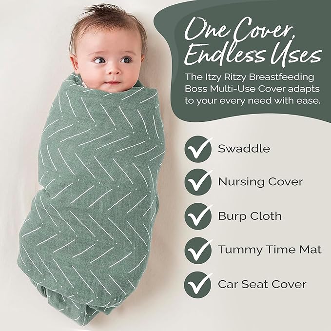 Itzy Ritzy Breastfeeding Boss Multi-Use Cover – A Nursing Cover, Swaddle, Car Seat Cover, Tummy Time Mat & Burp Cloth All in One – Made of Soft Muslin Fabric & Measures 47” x 47” (Sage Mudcloth)