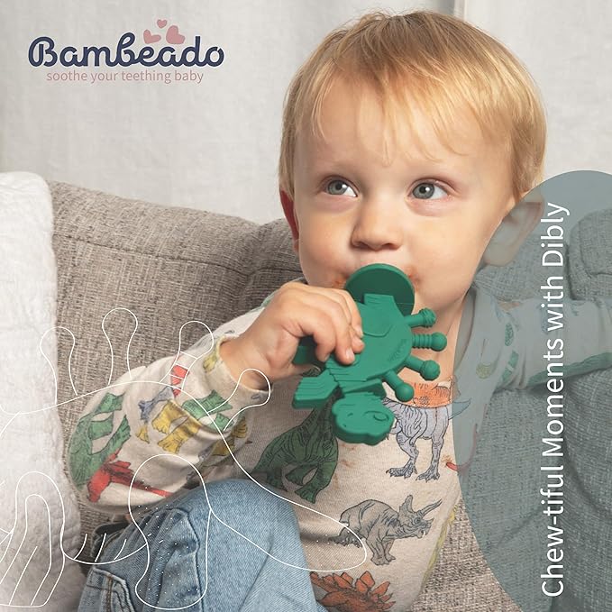 Bambeado Baby Teether Toy and Training Toothbrush: Dibly - The Dino Baby Teething Toys BPA-Free Teethers Inspired by Nature with Natural Rubber Pacifier