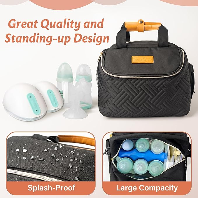 Wearable Breast Pump Bag Portable Breast Pumping Travel Bags for Work Mom Breastmilk Cooler Carrying Case for 6 Bottles with Adjustable Shoulder Strap Dividers Changing Mat