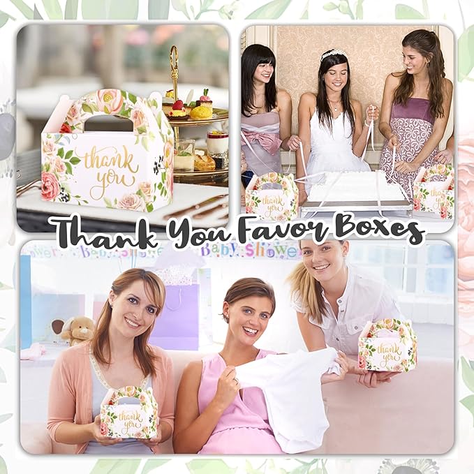 SOSFKIM Gable Treat Boxes Large 12 Pack - Floral Party Favor Boxes Bulk Embossed Gold Foil - Goodie Gable Boxes for Baby Shower, Wedding, Birthday 6.3x3.5x3.5 Inch