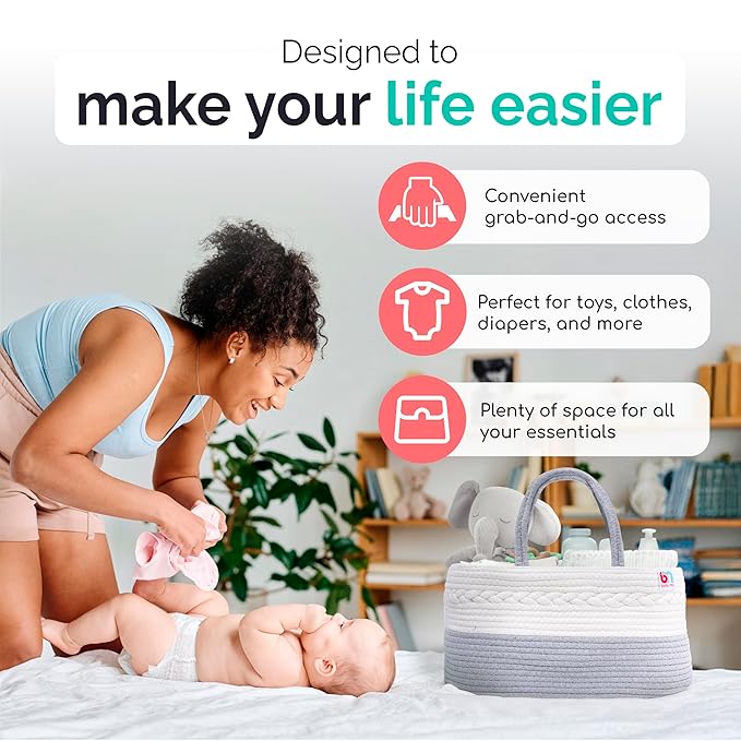 Rope Diaper Caddy - Storage for Baby and Toddler Items - Portable Cotton Organizer Easily Holds Diapers, Wipes, Clothing - Useful for Nursery, Bedroom (Gray, Regular)