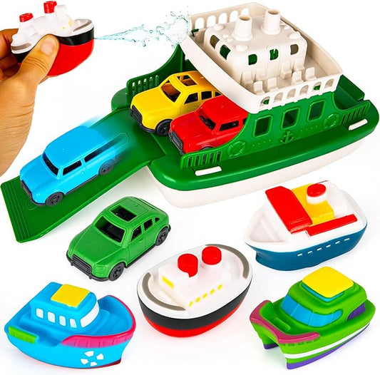 ArtCreativity Ferry Boat Bath Toy for Toddlers - 9 Pcs - Baby Bathtub Floating Water Toy with 4 Mini Cars, 4 Squirter Animals, Lights & Sounds for Imaginative Play - Kids Birthday Gift Party Favor
