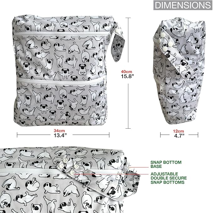 FLOCK THREE 3D Waterproof and Washable Wet Bag Luggage Organiser for Travel storage Stroller Daycare Baby Diapers Yoga Beach Pool Swimsuits Luggage Packing for Travel Accessories (Yoga Pugs)