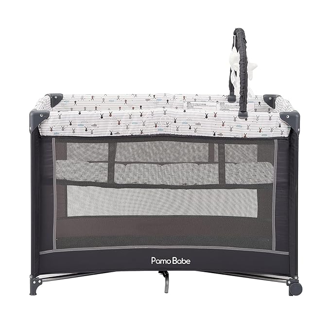 Pamo Babe Portable Playard,Sturdy Play Yard with Padded Mat and Toy bar with Soft Toys