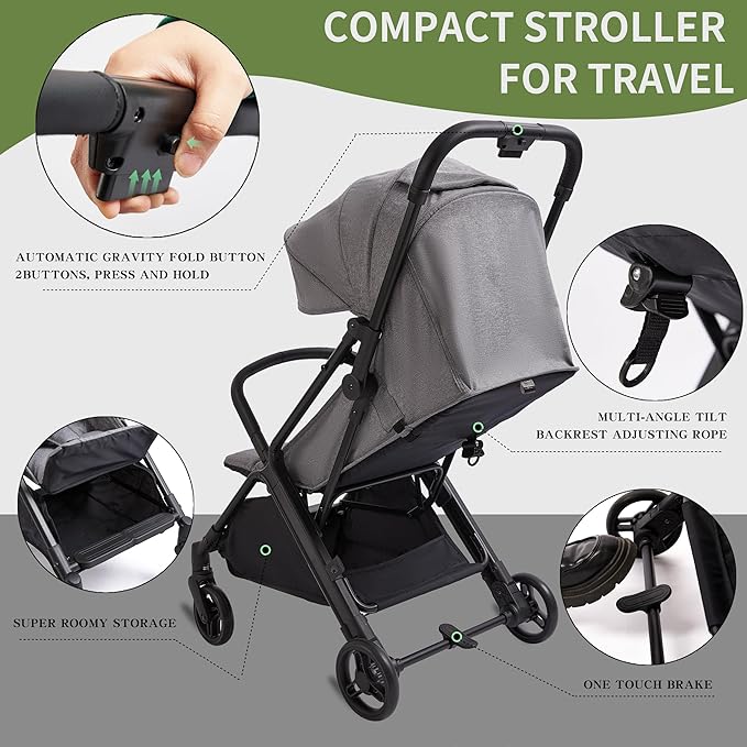 COOL KIDS Baby Stroller, Umbrella Stroller with Automatic Fold,Baby Strollers with Pop Out Sun Canopy,Baby Airplane Travel Essentials(Gray)