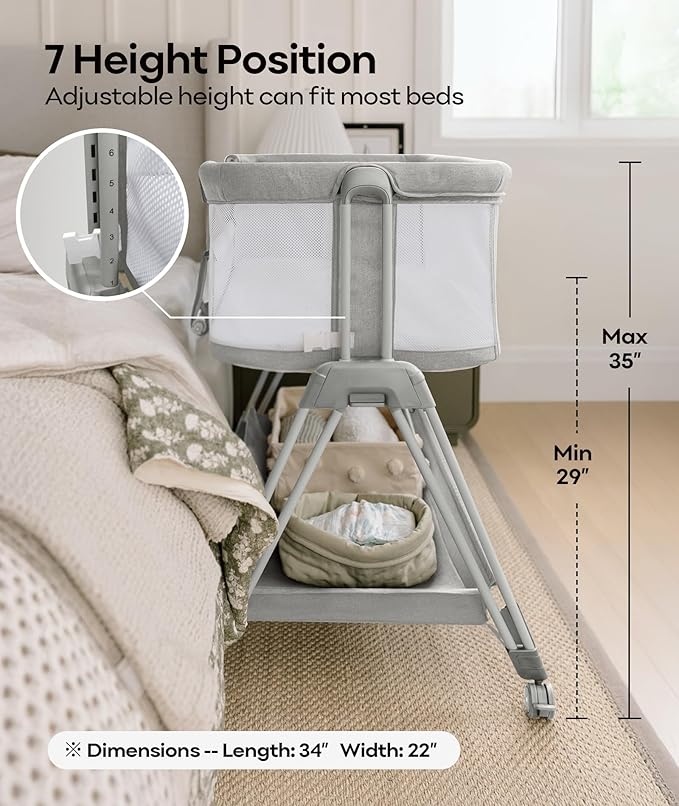 Fodoss Bedside Bassinet for Baby with Wheels, All Mesh Bedside Crib with Storage Basket, Hight Adjustable and Easy Assembly