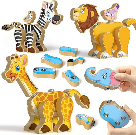 Coogam Wooden Snap Together Building Toy, Take Apart Construction Builders, Assembly Animal Building Blocks, STEM Fine Motor Learning Toy Gift for 3 4 5 Years Old Kids