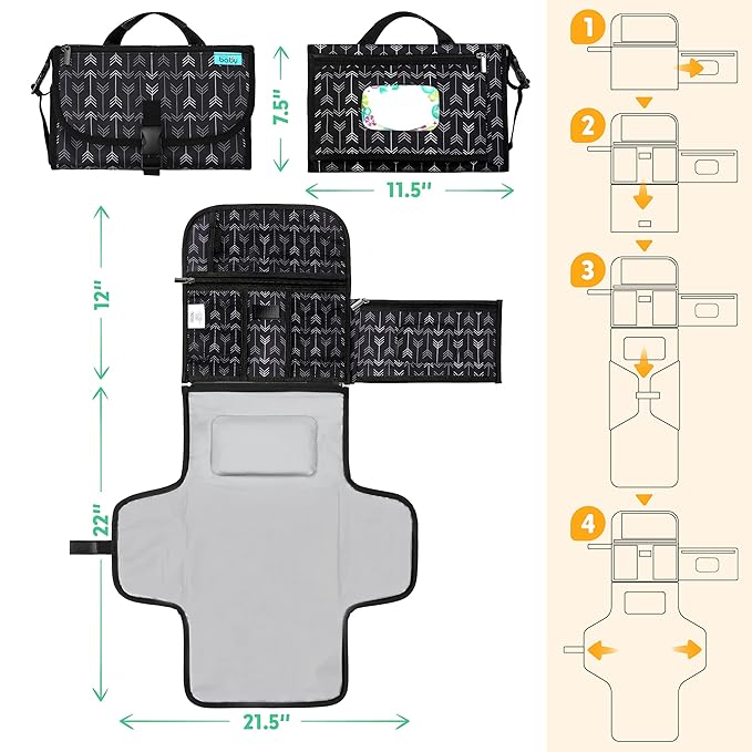 Kopi Baby Portable Diaper Changing Pad - Baby Diaper Changer Travel Bag with Wipes Pocket, Smart Design Portable Changing Mat, Infant Travel Station Kit, Gift for Newborn Girl & Boy - Black Arrows