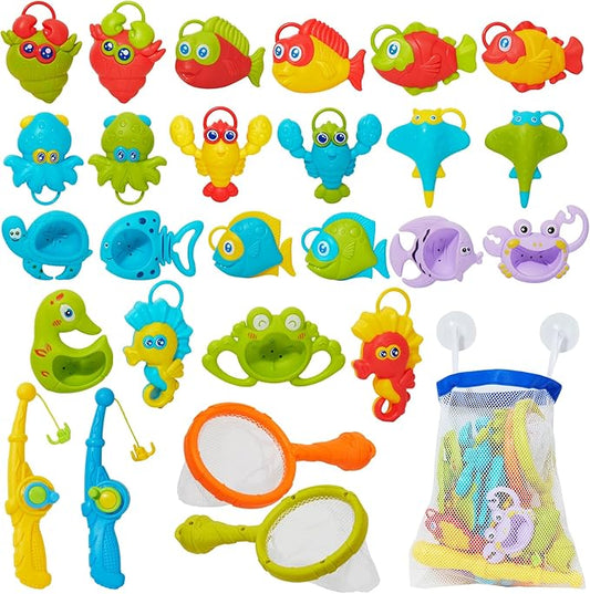 Toddler Bath Toys for Kids, 26PCS Mold Free Bath Toys with Hook-Type Fishing Rod Net Floating Sea Animals and Storage Bag, Bathtub Water Table Pool Toys for Toddlers and Babies