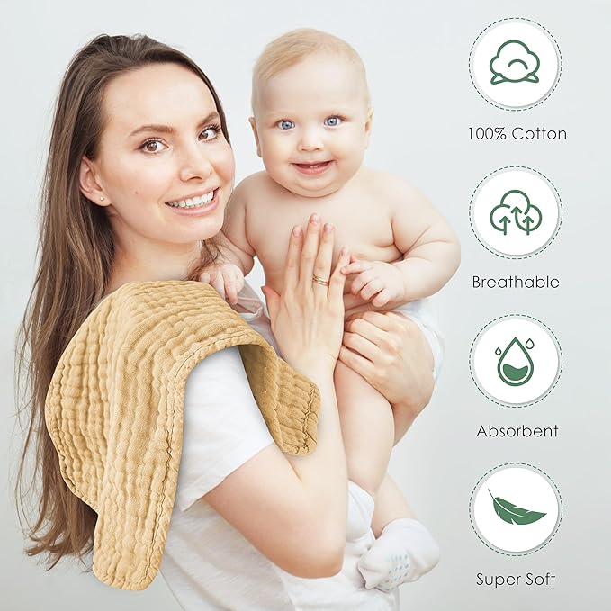 Muslin Burp Cloths 100% Cotton Large 20''x10'' Extra Soft and Absorbent Baby Wash Cloths Spit Up Rags - Baby Burping Cloth for Boys Girls Items(12 Pack Brown)