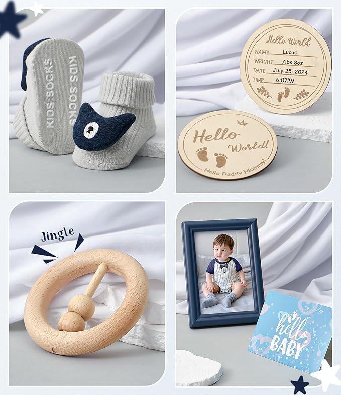 Golray Baby Boy Gifts for Baby Shower, 10pcs Newborn Essential with Fox Lovey/Blanket/Onesie/Wooden Rattle/Socks/Bib/Suitcase, Welcome Baby Gift Box Gender Reveal Infant Boy Gift Basket Set 0-6 Month