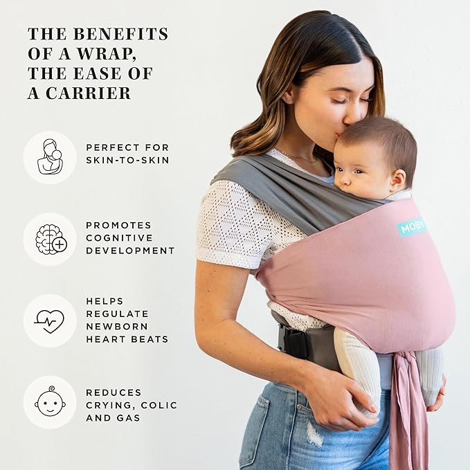 Moby Baby Wrap Carrier Easy-Wrap for Newborns to Toddlers (8-33lbs), Infant Sling Carrier, Lightweight & Hands Free Design for Mom and Dad, Adjustable for All Body Types (Charcoal/Dusty Rose)