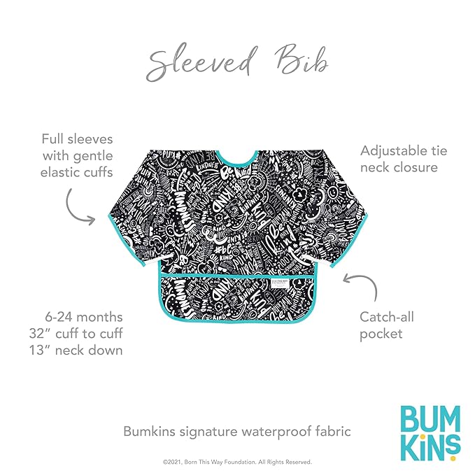 Bumkins - Sleeved Bib - For Boys & Girls, Babies & Toddlers 6-24 Months - Lightweight, Durable, Waterproof - Long Sleeve Bib - Catch-All Pocket - Wipeable & Machine Washable - Btwf - 2 Pack