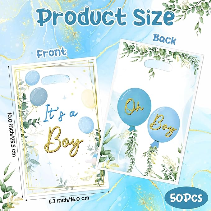 Baby Shower Party Favor Bags - 50Pcs Watercolor Blue Greenery Sweet Goody Candy Treat Gifts Bags, It's a Boy Themed Party Decorations for Baby Boys Birthday Gender Reveal Events Supplies