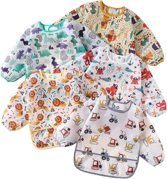 Sleeved Bib,5 Pack,Waterproof Shirt Bibs for Baby 3-24 Months Wipe Clean