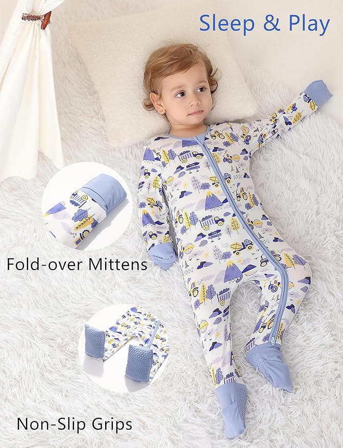 JunNeng Viscose from Bamboo Baby Boy Sleeper with Mitten Cuffs, Footless Soft Zippy Pajamas, Sleep N' Play Romper 0-18 Months
