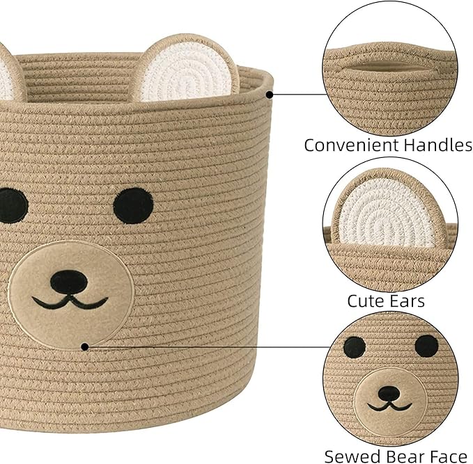 Bear Laundry Baskets Laundry Hamper Storage Baskets with Handles,Decorative Basket for Living room,Woven Storage Basket for Toys Bin Pillows Blankets Clothes (Khaki)
