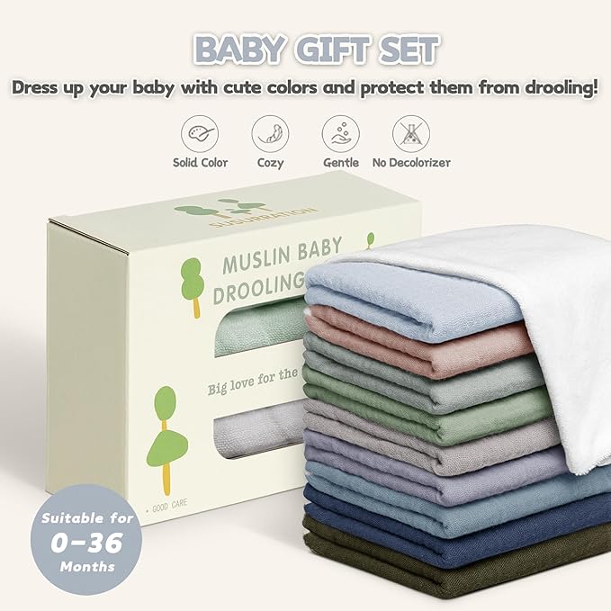 Susurration Muslin Baby Drool Bibs 10Pack Soft Square Adjustable Bandana Bibs for Unisex Baby Girls & Boys