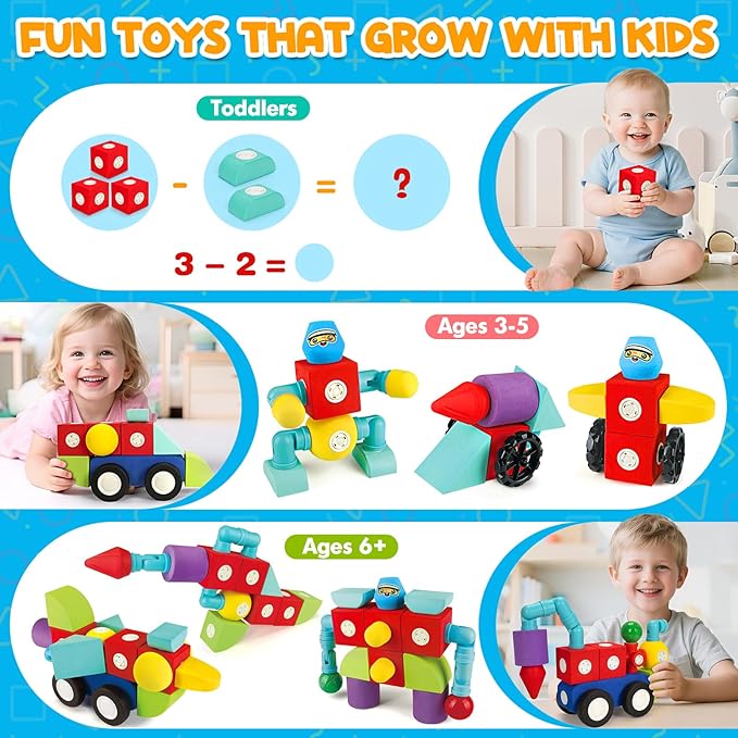 35 PCS Magnetic Foam Blocks for Kids, Large Magnetic Building Blocks for Toddlers 3+, Kids Bath Toys and Preschool STEM Educational Toys, Birthday for Boys & Girls 3 4 5 6+ Years Old