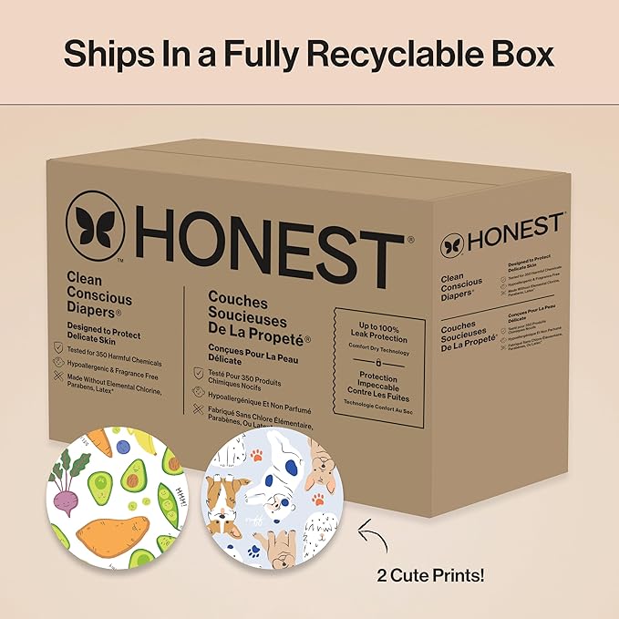 The Honest Company Clean Conscious Diapers for Delicate Skin | Up to 100% Leakproof | Hypoallergenic, Fragrance Free | Gender Neutral | Super Club Box, Size 6 (35+ lbs), 68 Count (Prints May Vary)
