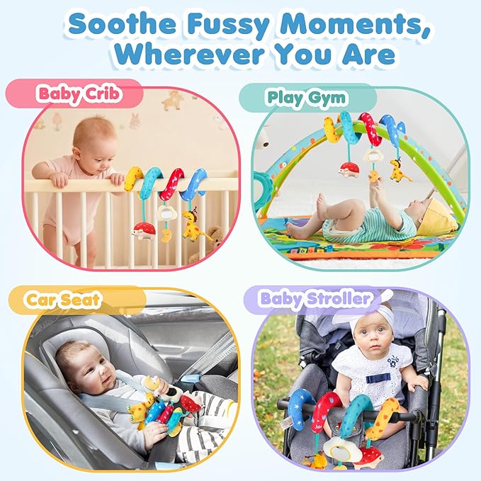 URMYWO Spiral Car Seat Toys for Babies 0-6 Months, Hanging Toy Fits Stroller, Developmental Sensory Baby Toy with Teether Crinkle Mirror, Baby Travel Gear Shower Gift for Boys Girls