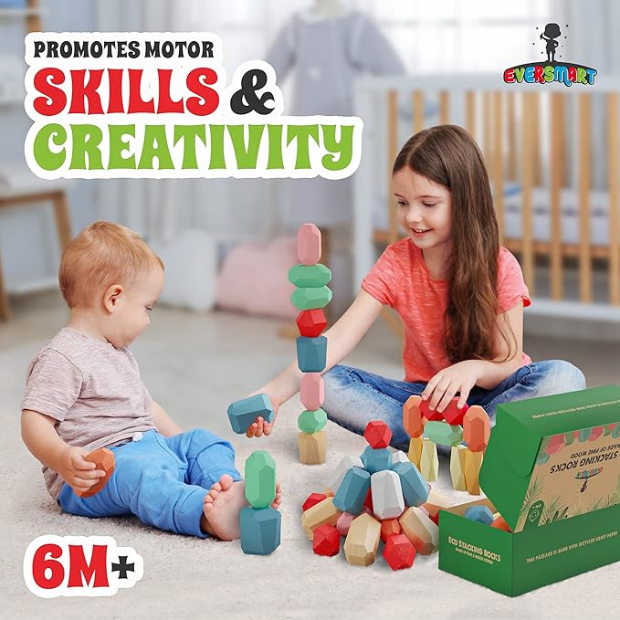 36 Pcs Wooden Stacking Blocks β Montessori Toys for 1 2 3 4 5 6 Year Old Toddlers and Kids, XL Rocks, No Choking Hazard β Sensory STEM Building Stones, for Girls and Boys