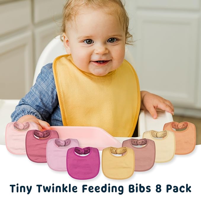 Tiny Twinkle 8 Pack Baby Food Bibs for Eating - Waterproof & Absorbent 6-12 Months Infant Bibs, OEKO-TEX Certified Drooling Bibs for Baby Led Weaning(Girl Set 8-Pack)