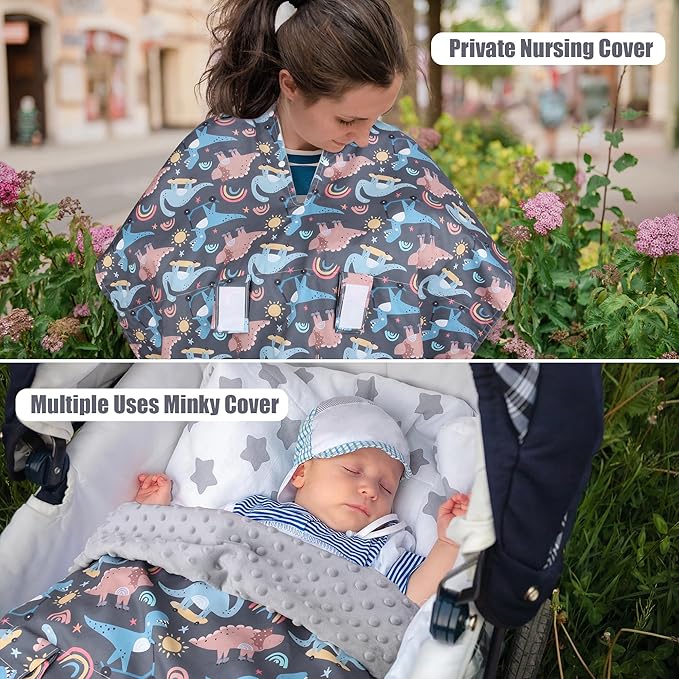 Metplus 2 in 1 Dinosaur Baby Car Seat Cover, Car Seat Canopy for Babies, Mom Multiuse Nursing Cover, Minky Baby Carrier Covers, Newborn Boy Girl, Peekaboo Opening