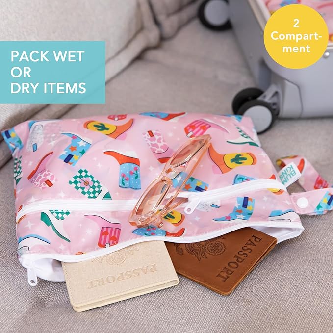 Bumkins Waterproof Wet Dry Clutch Bag for Baby, Travel, Swim Suit, Cloth Diapers, Pump Parts, Pool, Gym Clothes, Toiletry, Hook to Stroller, Pack for Daycare, Zip Bag, Packing Pouch, Cowgirl Boots