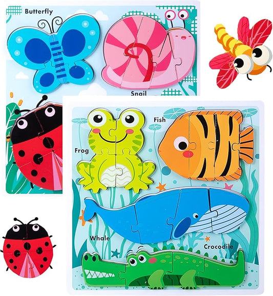 Wooden Creature Puzzles for Toddlers 2-4,Toddler Jigsaw Puzzle Ages 1-3, Montessori Educational Toys for 2 3 Years Old, Wood Learning Gifts for Preschool Kids Boys Girls