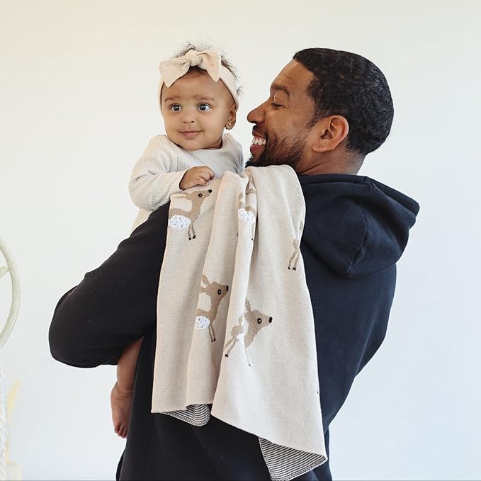 Knit Baby Swaddle Blanket - 100% Cotton Soft Cozy Receiving Swaddling Stroller Blanket Quilt for Shower Gift Registry for Newborns Infants Toddlers Gender Neutral (Deer - Taupe)