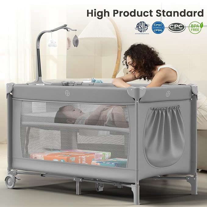 Large Pack and Play, Baby Bed Portable Crib with Diaper Changing Table Mattress Hanging Toys & Decor, Travel Bassinet Bedside Sleeper Playard from Newborn to Toddlers